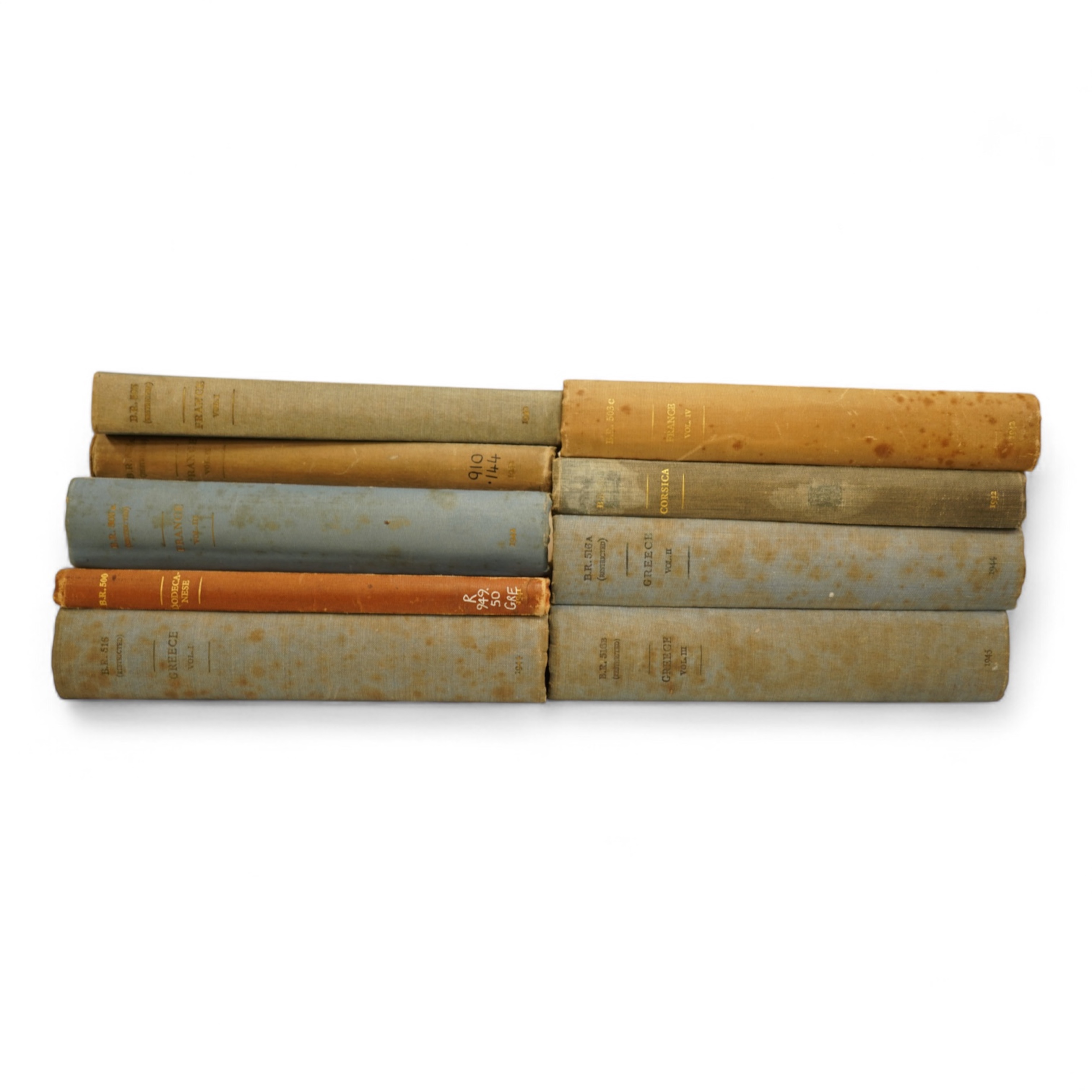 Naval Intelligence Division, Geographical Handbook Series - France. (1 pocket map), 4 vols., 1942; Corsica (1 pocket map), 1942; Dodecanese (?no pocket map produced), 1941; Greece (1 pocket map), 3 vols., 1944-45 (9)